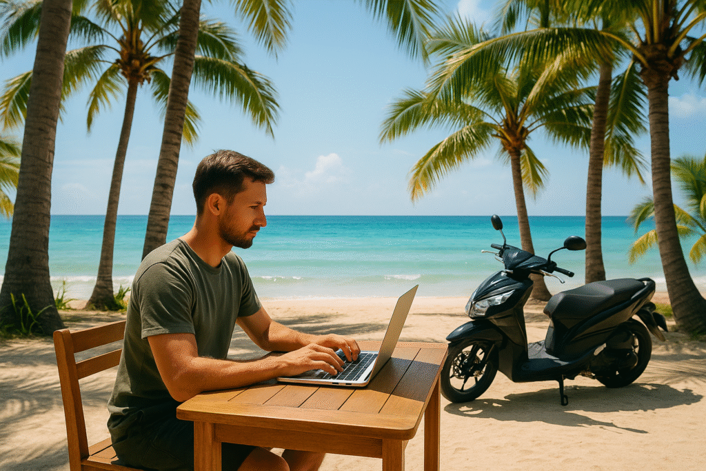 Digital nomad working on a laptop at a beachside café in Thailand with a scooter parked nearby — representing Thailand digital nomad lifestyle