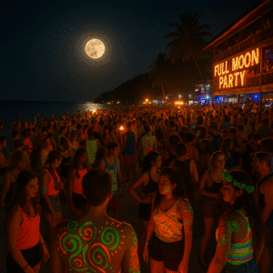 A vibrant crowd gathers on Haad Rin Beach under a glowing full moon during the Full Moon Party in Koh Phangan, Thailand, with neon body paint, fire dancers, and tropical nightlife in full swing.