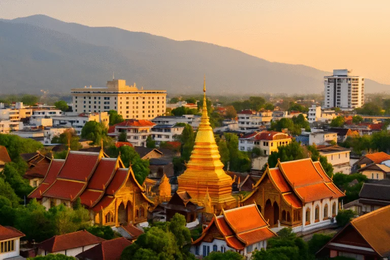 Aerial view of Chiang Mai city with temples, hotels, and lush greenery — showcasing top areas to stay in 2025