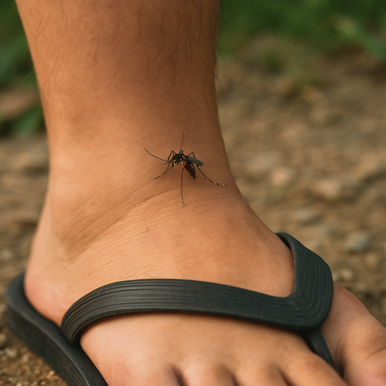 A close-up of a mosquito biting a person's ankle while they wear black flip-flops outdoors in Thailand, highlighting the risk of mosquito-borne diseases like dengue.