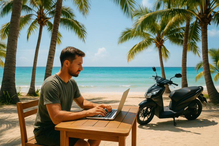 Digital nomad working on a laptop at a beachside café in Thailand with a scooter parked nearby — representing Thailand digital nomad lifestyle