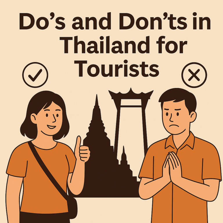 Flat-style digital illustration showing a respectful tourist bowing with hands together in a Thai wai gesture, surrounded by cultural symbols like a temple, no-shoes sign, and modest clothing icons.