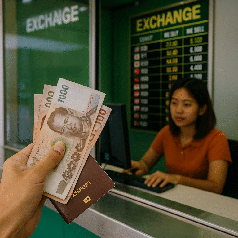 A person holding Thai Baht banknotes and a passport at a currency exchange counter in Thailand, with a green exchange rate board and a staff member in the background.