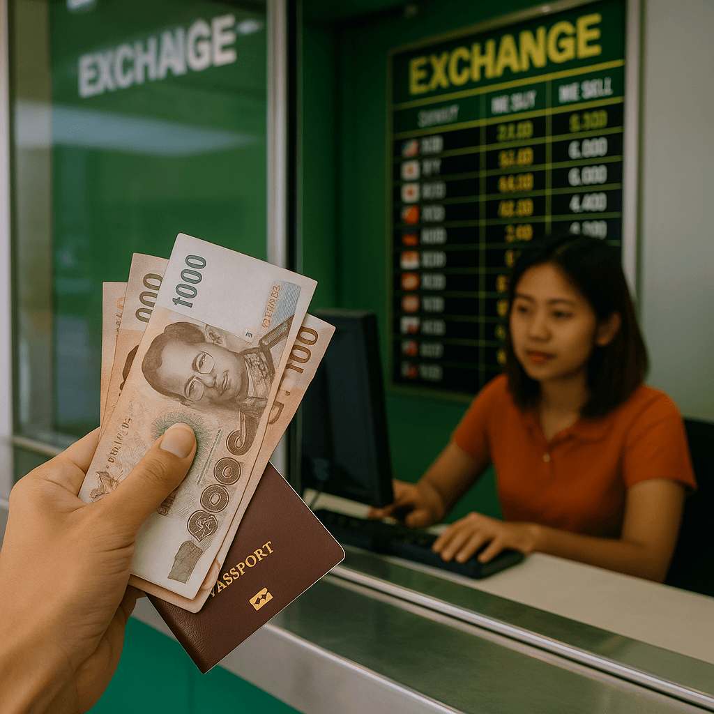 A person holding Thai Baht banknotes and a passport at a currency exchange counter in Thailand, with a green exchange rate board and a staff member in the background.